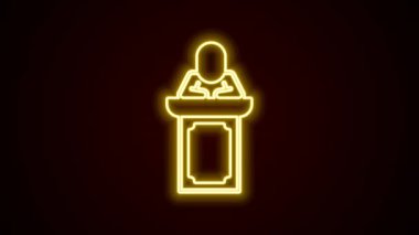 Glowing neon line Auction auctioneer sells icon isolated on black background. Auction business, bid and sale. 4K Video motion graphic animation