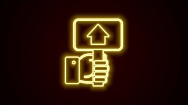 Glowing neon line Hand holding auction paddle icon isolated on black background. Bidding concept. Auction competition. Hands rising signs with BID inscriptions. 4K Video motion graphic animation