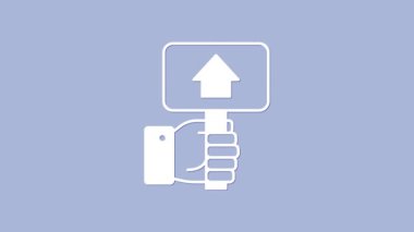 White Hand holding auction paddle icon isolated on purple background. Bidding concept. Auction competition. Hands rising signs with BID inscriptions. 4K Video motion graphic animation