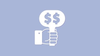 White Hand holding auction paddle icon isolated on purple background. Bidding concept. Auction competition. Hands rising signs with BID inscriptions. 4K Video motion graphic animation