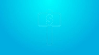 Pembe çizgili Hand müzayede raketi ikonu mavi arka planda izole edildi. Teklif konsepti. Açık arttırma yarışması. BID yazıtları olan el kaldırma işaretleri. 4K Video hareketli grafik canlandırması