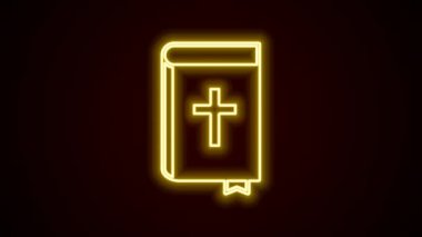 Parlayan neon hattı kutsal kitap ikonu siyah arka planda izole edildi. 4K Video hareketli grafik canlandırması