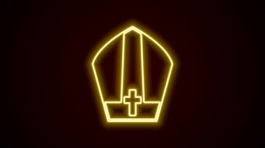 Parlayan neon hattı Papa 'nın şapka simgesi siyah arkaplanda izole edildi. Hristiyan şapkası işareti. 4K Video hareketli grafik canlandırması