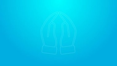 Pink line Hands in praying position icon isolated on blue background. Prayer to god with faith and hope. 4K Video motion graphic animation