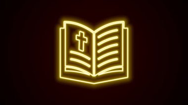 Parlayan neon hattı kutsal kitap ikonu siyah arka planda izole edildi. 4K Video hareketli grafik canlandırması