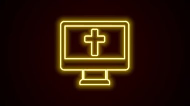 Glowing neon line Christian cross on monitor icon isolated on black background. Church cross. 4K Video motion graphic animation