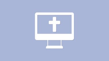 White Christian cross on monitor icon isolated on purple background. Church cross. 4K Video motion graphic animation