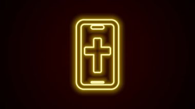 Glowing neon line Christian cross on mobile phone icon isolated on black background. Church cross. 4K Video motion graphic animation