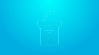 Pink line Church sermon tribune icon isolated on blue background. The podium of the preacher in the church. 4K Video motion graphic animation