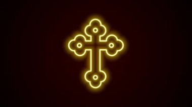 Parlayan neon hattı Hıristiyan çapraz simgesi siyah arka planda izole edildi. Kilise haçı. 4K Video hareketli grafik canlandırması