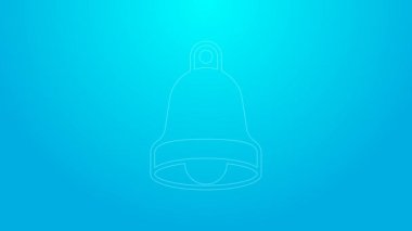 Pink line Church bell icon isolated on blue background. Alarm symbol, service bell, handbell sign, notification symbol. 4K Video motion graphic animation