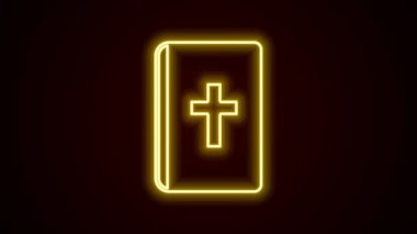 Parlayan neon hattı kutsal kitap ikonu siyah arka planda izole edildi. 4K Video hareketli grafik canlandırması