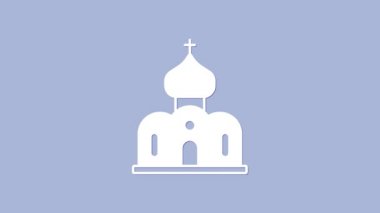 Beyaz Kilise binası ikonu, mor arka planda izole edilmiş. Hıristiyan Kilisesi. Kilisenin dini. 4K Video hareketli grafik canlandırması