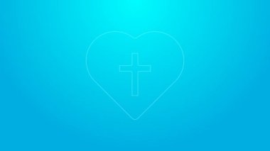Pink line Christian cross in heart icon isolated on blue background. Happy Easter. 4K Video motion graphic animation