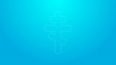 Pembe çizgi Hıristiyan haç simgesi mavi arkaplanda izole edildi. Kilise haçı. 4K Video hareketli grafik canlandırması