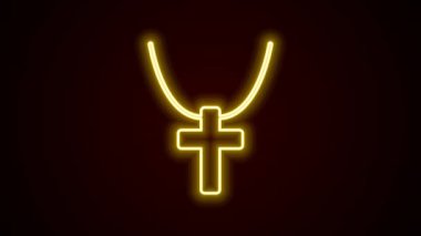 Parlayan neon çizgisi Hıristiyan simgesi üzerinde siyah arka planda izole edilmiş bir şekilde çapraz çizgi çiziyor. Kilise haçı. 4K Video hareketli grafik canlandırması