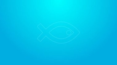 Pink line Christian fish symbol icon isolated on blue background. Jesus fish symbol. 4K Video motion graphic animation