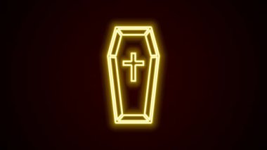 Parlak neon hattı Tabut ve Hıristiyan haç simgesi siyah arka planda izole edildi. Mutlu Cadılar Bayramı Partisi. 4K Video hareketli grafik canlandırması