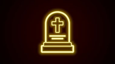 Siyah arkaplanda izole edilmiş mezar taşı simgesi ile parlayan neon hattı Grave. 4K Video hareketli grafik canlandırması