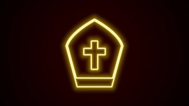 Parlayan neon hattı Papa 'nın şapka simgesi siyah arkaplanda izole edildi. Hristiyan şapkası işareti. 4K Video hareketli grafik canlandırması