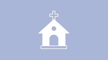 Beyaz Kilise binası ikonu, mor arka planda izole edilmiş. Hıristiyan Kilisesi. Kilisenin dini. 4K Video hareketli grafik canlandırması