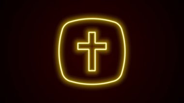 Parlayan neon hattı Hıristiyan çapraz simgesi siyah arka planda izole edildi. Kilise haçı. 4K Video hareketli grafik canlandırması