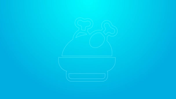 Línea rosa Pavo asado o pollo icono aislado sobre fondo azul. Animación gráfica de vídeo 4K — Vídeos de Stock