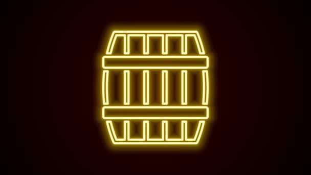Linha de néon brilhante Ícone de barril de madeira isolado no fundo preto. Barril de álcool, recipiente de bebida, barril de madeira para cerveja, uísque, vinho. Animação gráfica em movimento de vídeo 4K — Vídeo de Stock