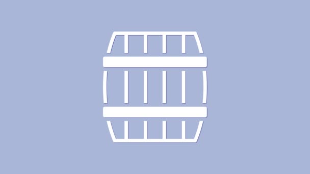 Біла дерев'яна піктограма стволу ізольована на фіолетовому фоні. Алкогольна бочка, тару для напоїв, дерев'яна бочка для пива, віскі, вино. 4K Відео рух графічна анімація — стокове відео