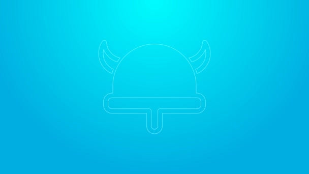 Pink line Viking in horned helmet icon isolated on blue background. 4K Video motion graphic animation — Vídeo de stock