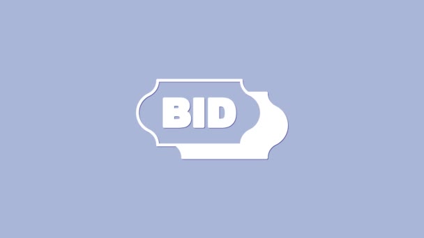 Wit biedpictogram geïsoleerd op paarse achtergrond. Veiling bieden. Verkoop en kopers. 4K Video motion grafische animatie — Stockvideo