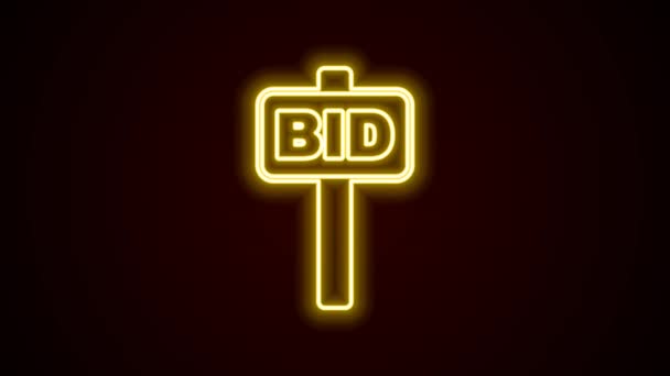 Glowing neon line Hand holding auction paddle icon isolated on black background. Bidding concept. Auction competition. Hands rising signs with BID inscriptions. 4K Video motion graphic animation — стоковое видео