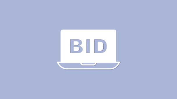 Icono de subasta en línea blanca aislado sobre fondo púrpura. Señal de oferta. Licitación de subastas. Venta y compradores. Animación gráfica de vídeo 4K — Vídeo de stock