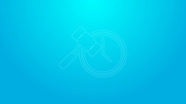 Pink line Auction hammer icon isolated on blue background. Gavel - hammer of judge or auctioneer. Bidding process, deal done. Auction bidding. 4K Video motion graphic animation — Stock Video