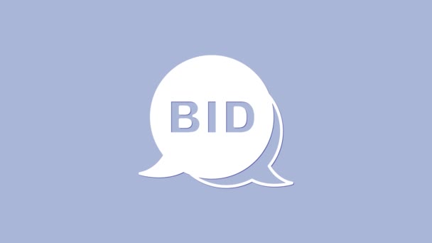 Піктограма білої ставки ізольована на фіолетовому фоні. Аукціонні торги. Продаж і покупці. 4K Відео рух графічна анімація — стокове відео