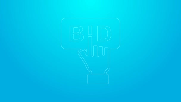 Pink line Bid icon isolated on blue background. Auction bidding. Sale and buyers. 4K Video motion graphic animation — стоковое видео