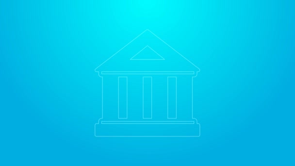 Pink line Museum building icon isolated on blue background. 4K Video motion graphic animation — Vídeo de stock