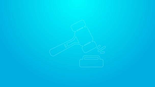 Pink line Auction hammer icon isolated on blue background. Gavel - hammer of judge or auctioneer. Bidding process, deal done. Auction bidding. 4K Video motion graphic animation — Vídeo de Stock