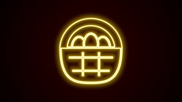 Leuchtende Neon-Linie Korb mit Ostereiern Symbol isoliert auf schwarzem Hintergrund. Frohe Ostern. 4K Video Motion Grafik Animation — Stockvideo