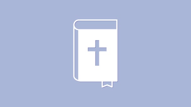 白色圣经上的图标孤立在紫色的背景。4K视频运动图形动画 — 图库视频影像