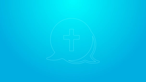 Rózsaszín vonal Keresztény kereszt ikon elszigetelt kék háttérrel. Templomi kereszt. 4K Videó mozgás grafikus animáció — Stock videók