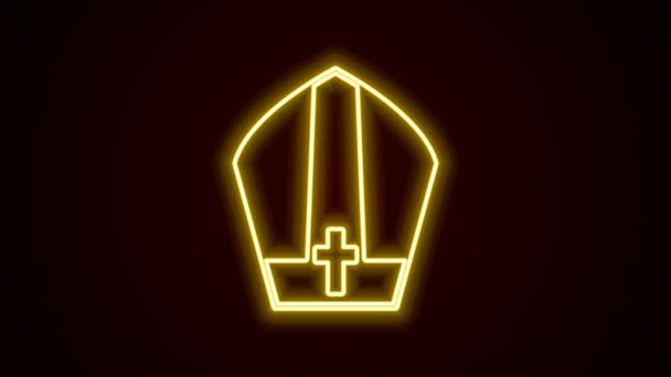 Светящаяся неоновая линия икона Папы Римского выделена на черном фоне. Знак христианской шляпы. Видеографическая анимация 4K — стоковое видео