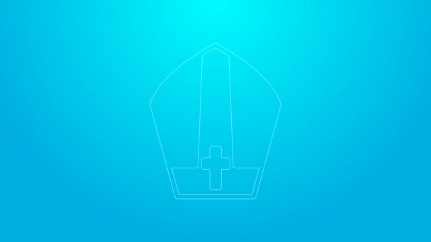 Rosa Linie Papsthut-Symbol isoliert auf blauem Hintergrund. christliches Hutschild. 4k video motion graphic animation — Stockvideo