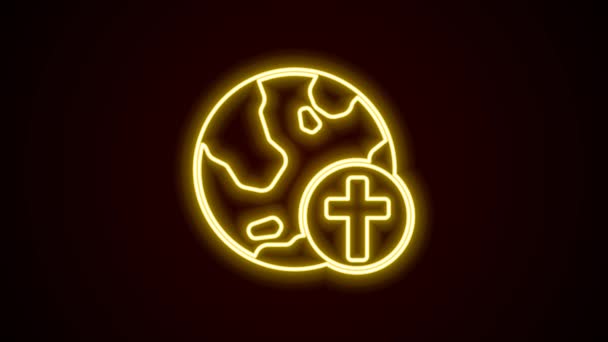 Glowing neon line Christian cross with globe Earth icon isolated on black background. World religion day. 4K Video motion graphic animation — Stock Video
