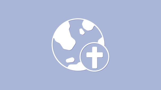 Cruz cristã branca com globo ícone da Terra isolado no fundo roxo. Dia da religião mundial. Animação gráfica em movimento de vídeo 4K — Vídeo de Stock