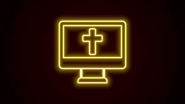 Linha de néon brilhante Cruz cristã no ícone do monitor isolado no fundo preto. Cruzamento. Animação gráfica em movimento de vídeo 4K — Vídeo de Stock