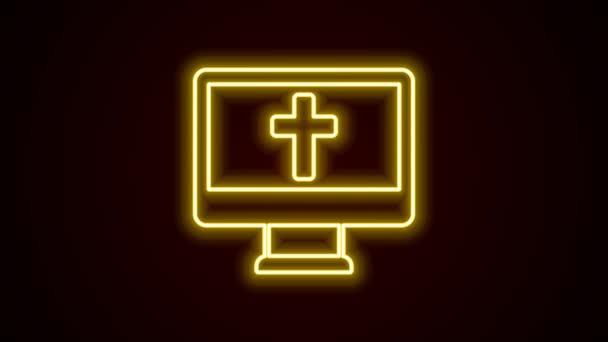 Leuchtendes neonfarbenes christliches Kreuz auf Monitor-Symbol isoliert auf schwarzem Hintergrund. Kirchenkreuz. 4K Video Motion Grafik Animation — Stockvideo