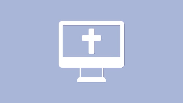 Bílý křesťanský kříž na ikoně monitoru izolované na fialovém pozadí. Kostelní kříž. Grafická animace pohybu videa 4K — Stock video