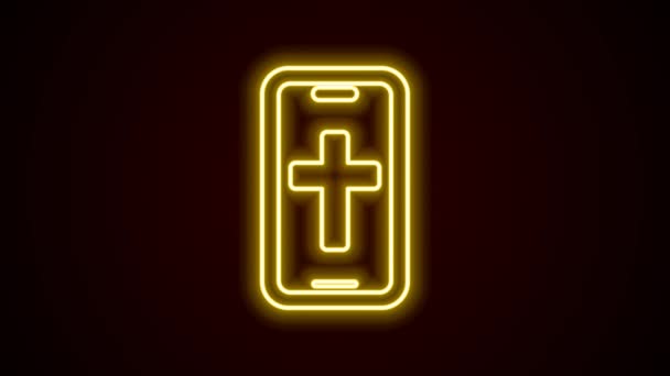 Glowing neon line Christian cross on mobile phone icon isolated on black background. Church cross. 4K Video motion graphic animation — Vídeo de stock