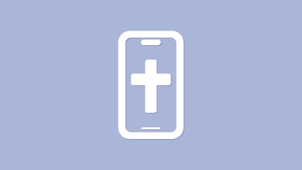 White Christian cross on mobile phone icon isolated on purple background. Church cross. 4K Video motion graphic animation — стоковое видео